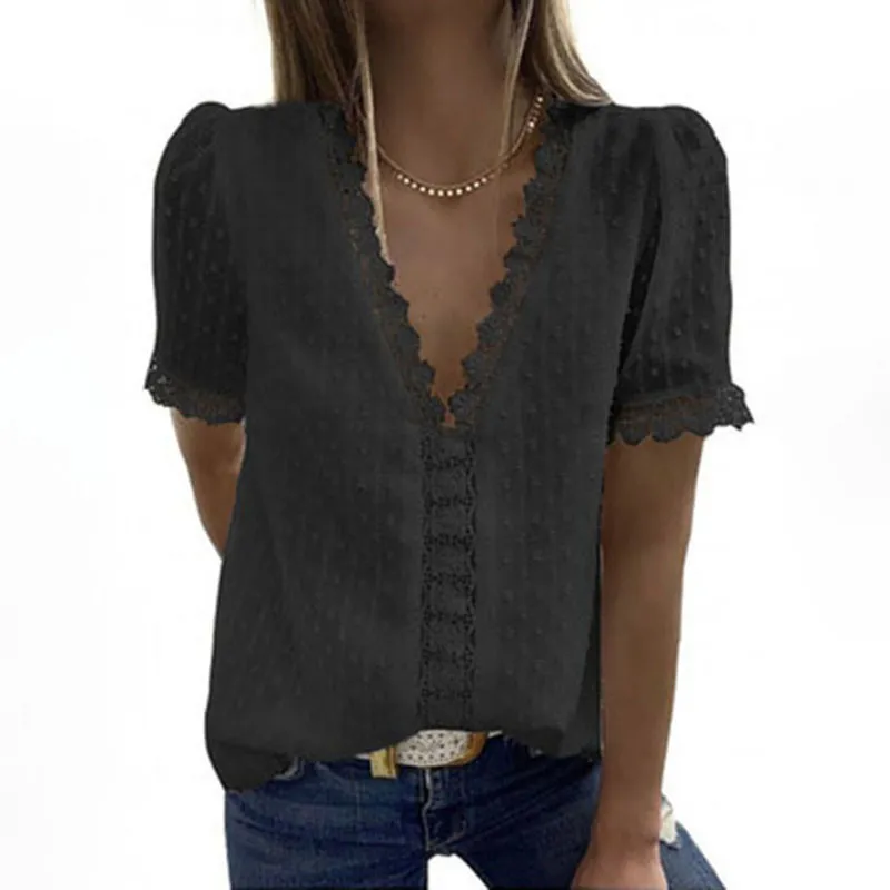 Solid V-Neckline Short Sleeve Blouses