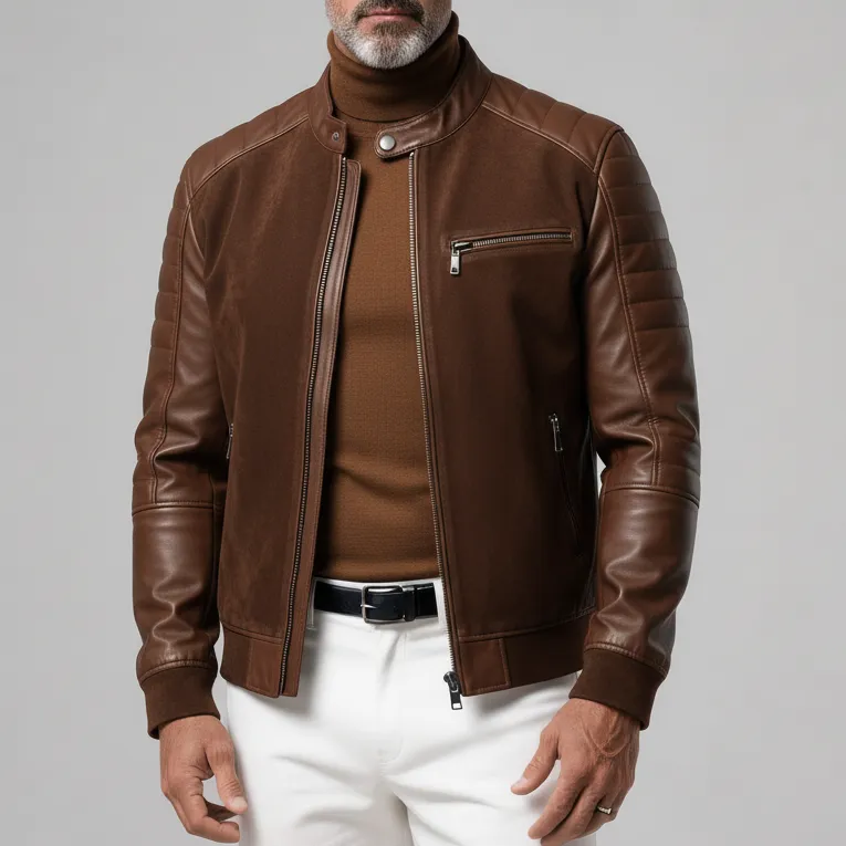 Men's Brown Stand Collar Quilted PU Leather Sleeve Patchwork Suede Zipper Pockets Jacket