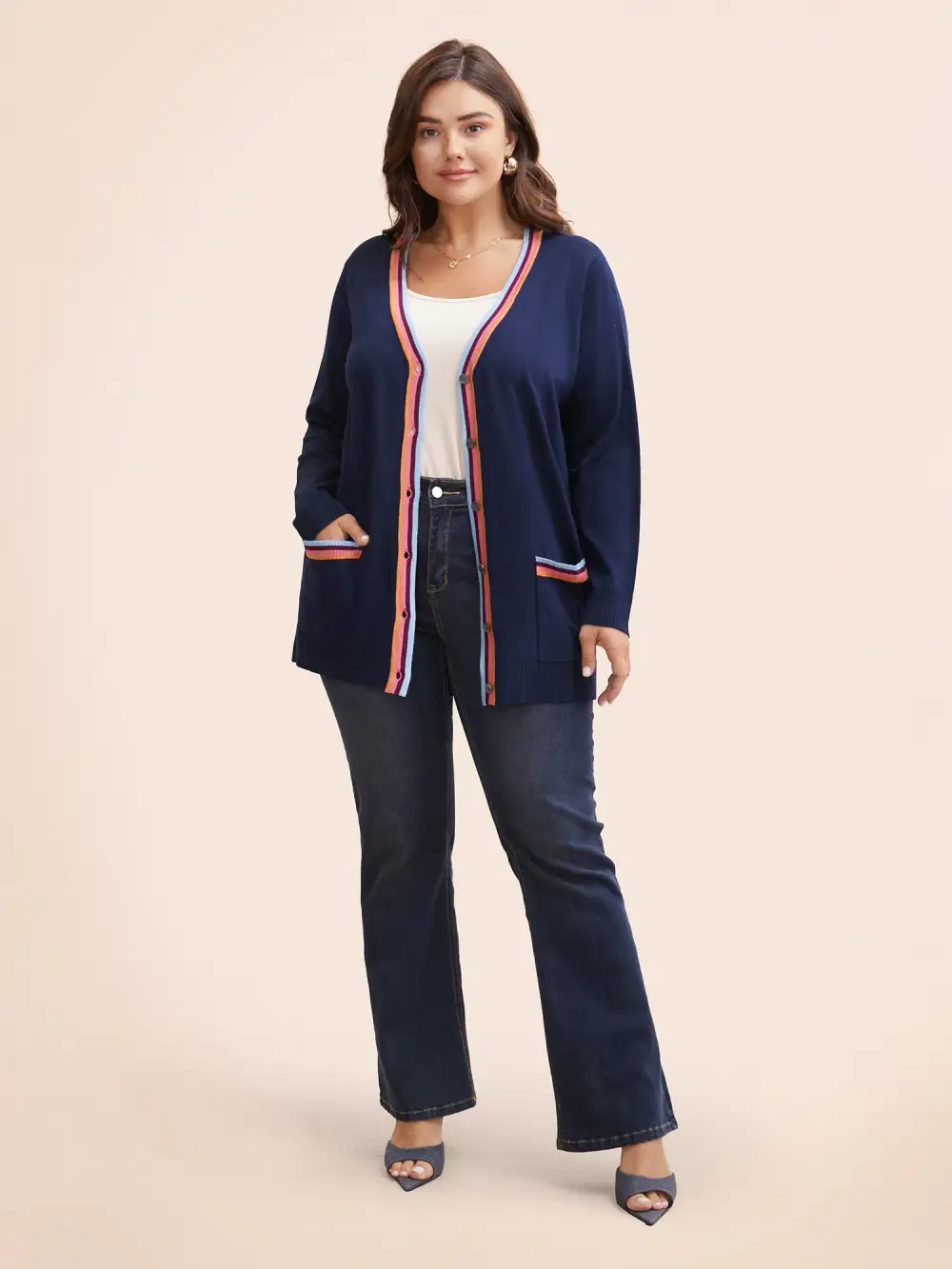 Contrast Striped Trim Patch Pocket Cardigan