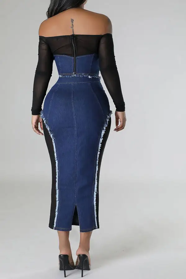 Patchwork Sheer Off-Shoulder Denim Dress Set
