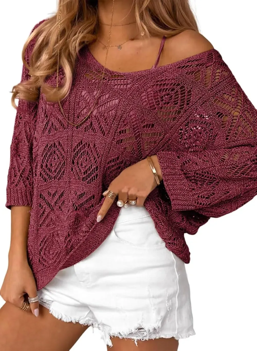 ✨Women's 2025 Spring Summer Crochet Hollow Out Pullover Off Shoulder Top