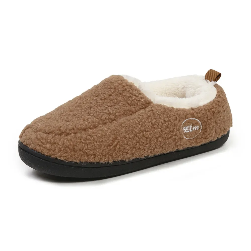Dark Camel Closed Toe Falt Faux Fur Slippers