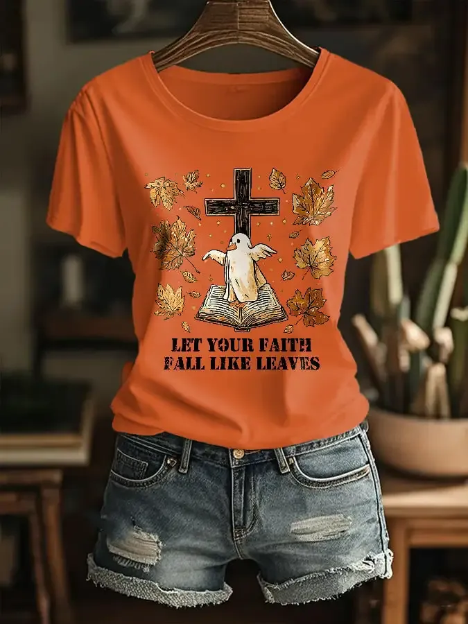 Women's Fall For Jesus He Never Leaves Print T-Shirt