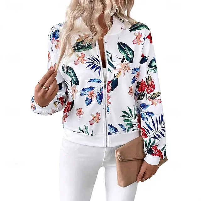 Women's Casual Jacket Comfortable Zipper Fashion Daily Modern Floral School Outdoor Vacation Home Regular Baseball Collar Regular Fit Long Sleeve Outerwear White Spring Fall
