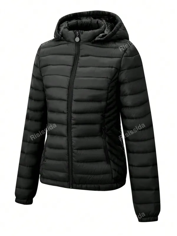 Women's Minimalist Warm Hooded Padded Coat With Pockets, Puffer Jacket For Autumn/Winter