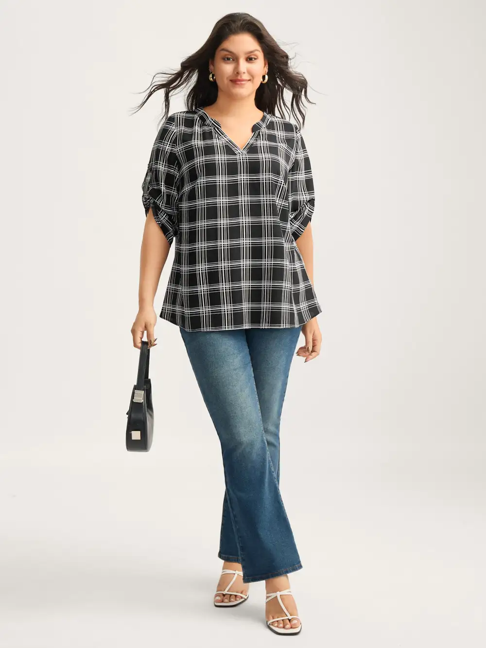 Plaid Print Tab Sleeve Notched Blouse
