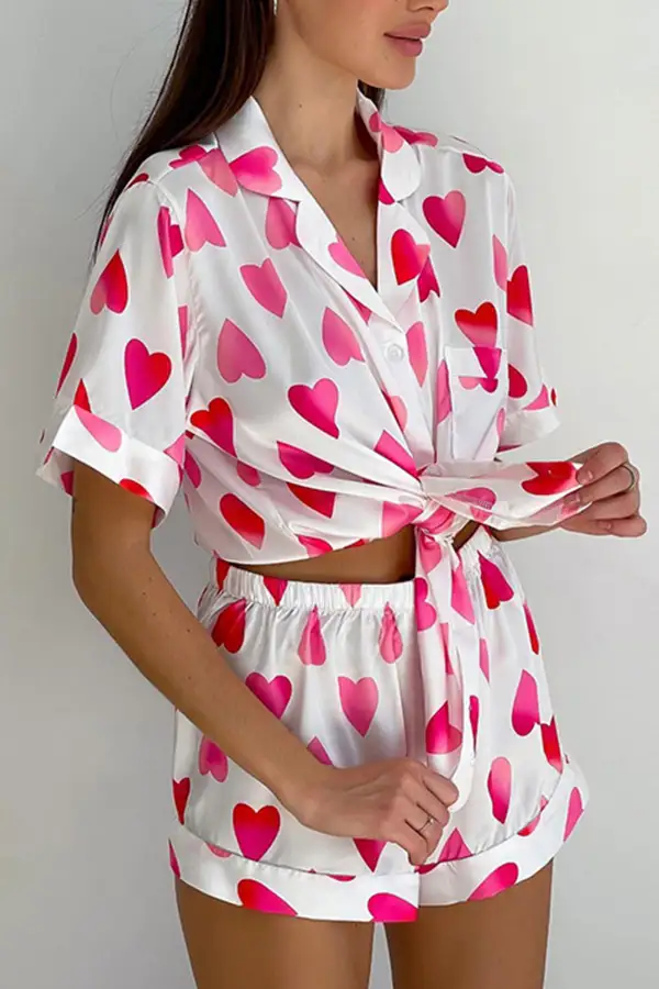 Peach Heart Print Shirt Two-Piece Shorts Set