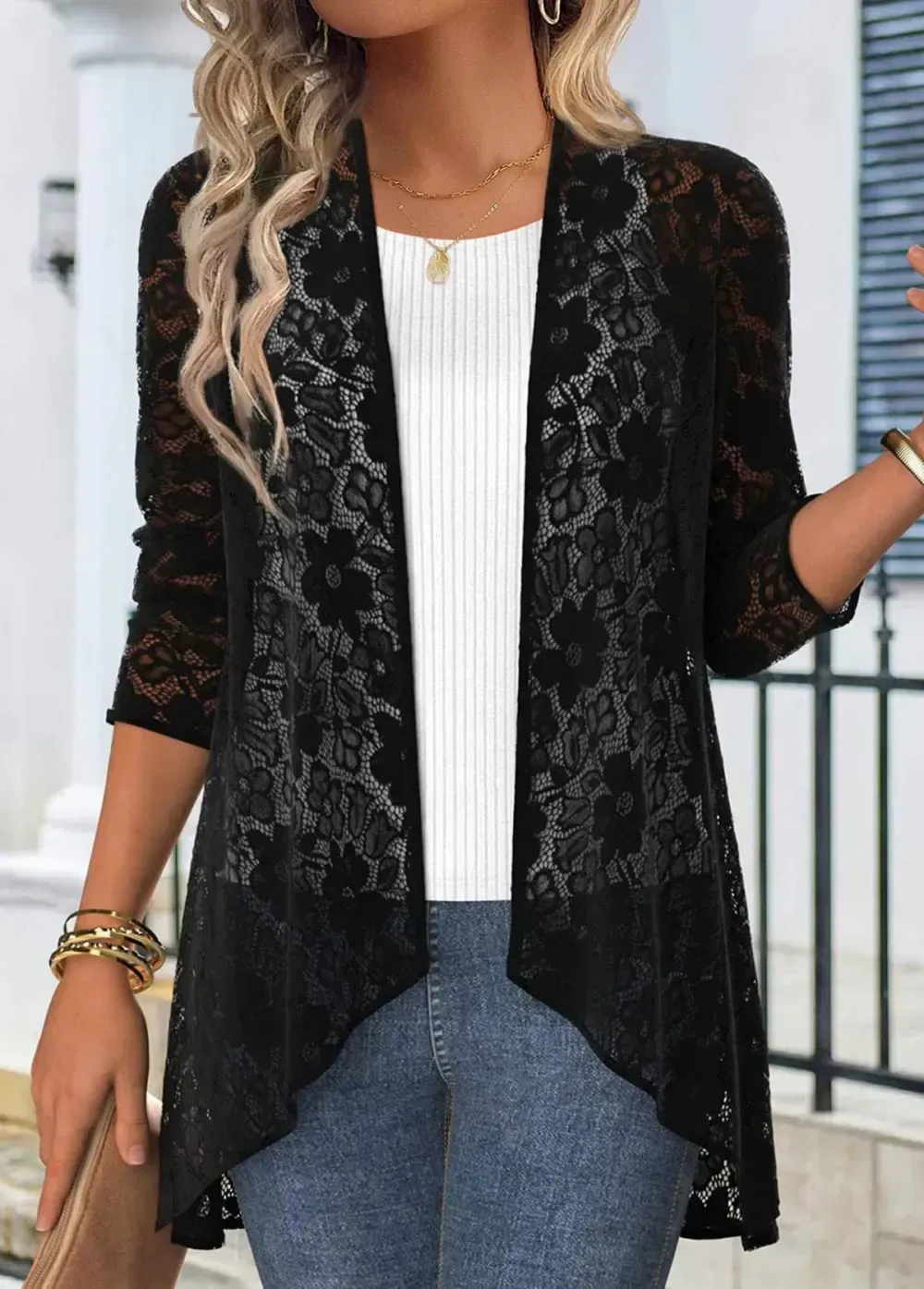 Black Lace 3/4 Sleeve Light Coat