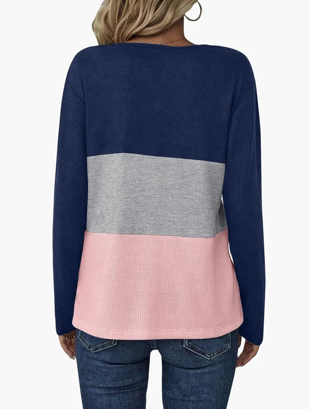 Women's Waffle Shirts V Neck Long Sleeve Tops Color Block T-Shirts Casual Tunics 2024 Fashion Basic Tees