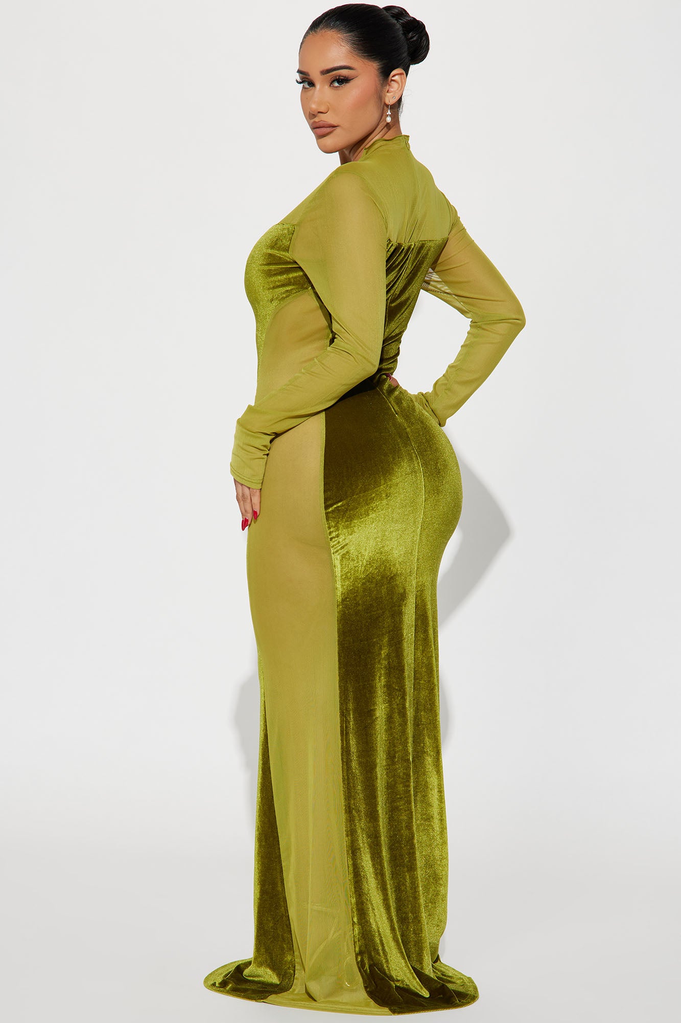 Velvet Long Sleeve Maxi Dress - Chartreuse