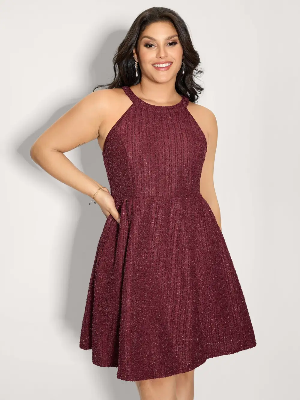 Tweed Textured Halter Neck Mini Dress