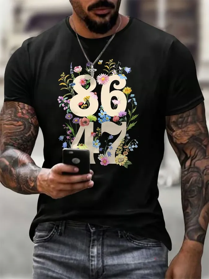 Men'S T-Shirt Men'S Vintage Flower 86 47 Printed T-Shirt Digital Flower Print Pure Cotton Short Sleeve