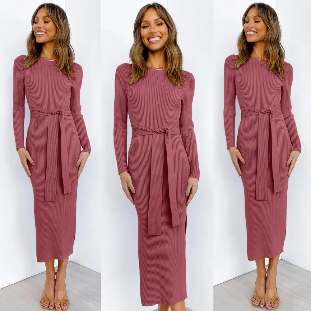 Long Sleeve Sweater Dress Crew Neck Slim Fit Slit Tie Waist 2024 Ribbed Knit Bodycon Midi Dress Fall Outfits