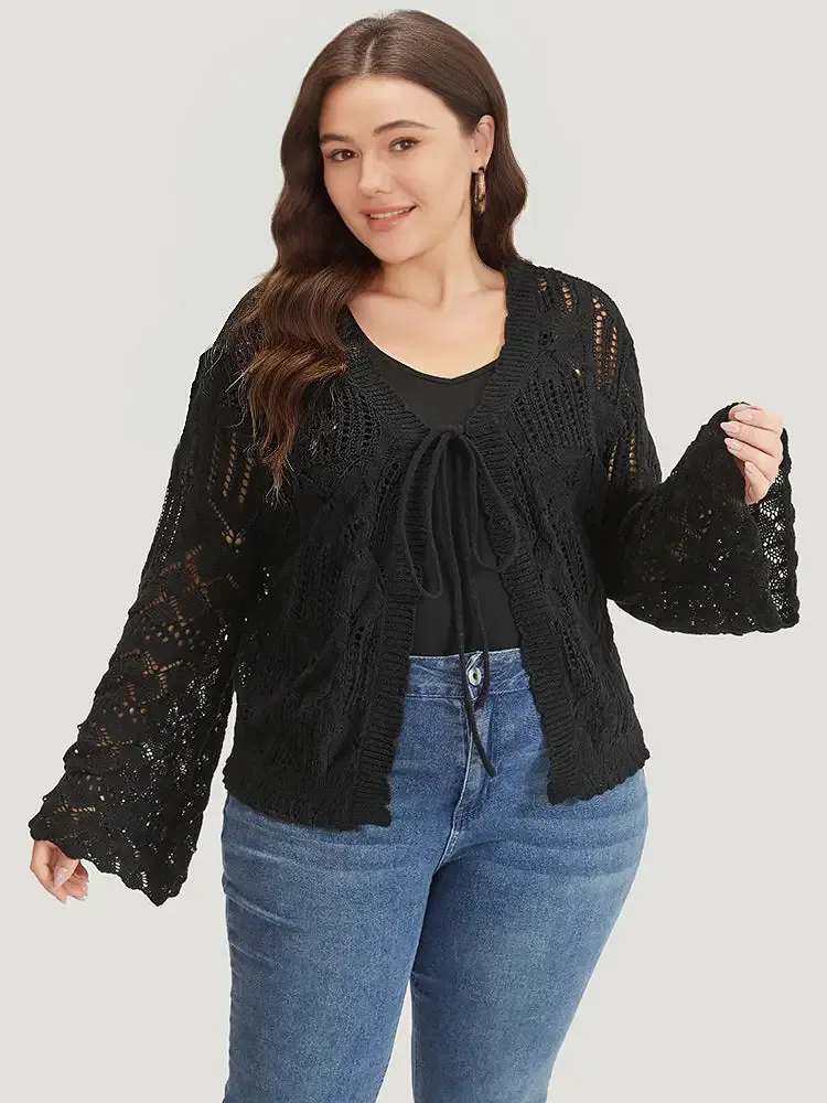 Hollow Out Bell Sleeve Tie Front Cardigan