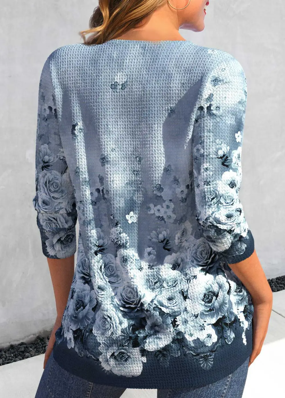 Peacock Blue Criss Cross Floral Print T Shirt