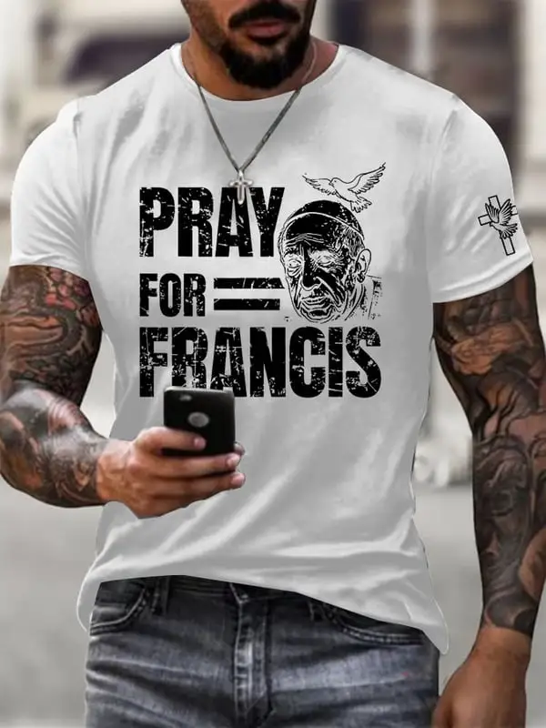 Men's  Pray For Holy Father 1936-2025 Print Short Sleeve Round Neck Cotton T-Shirt