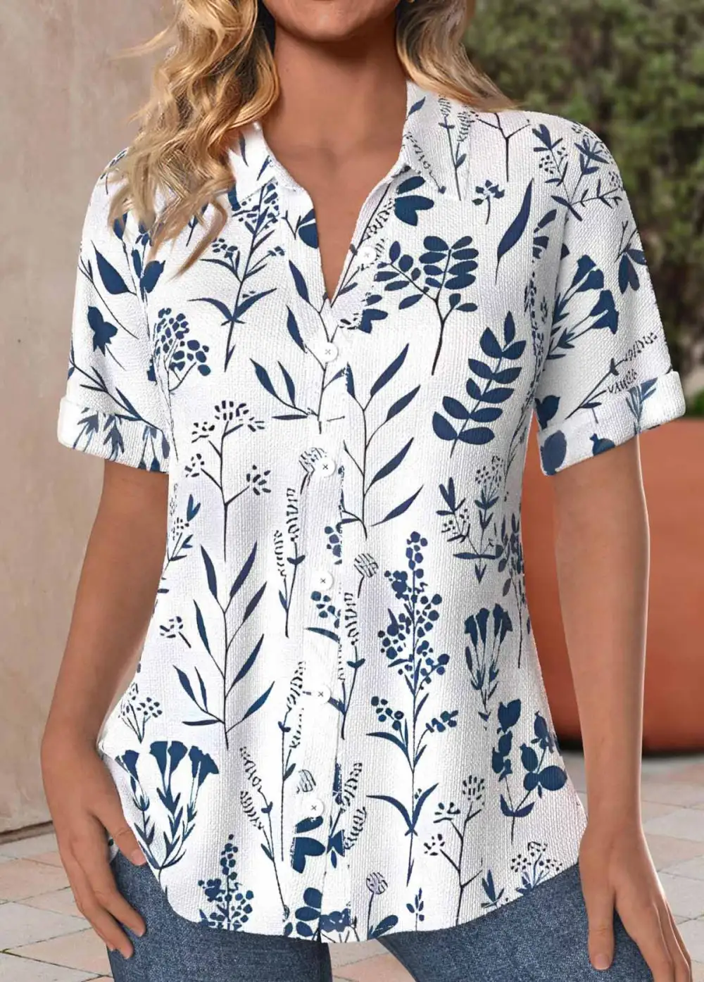 Plus Size Peacock Blue Textured Fabric Leaf Print Blouse