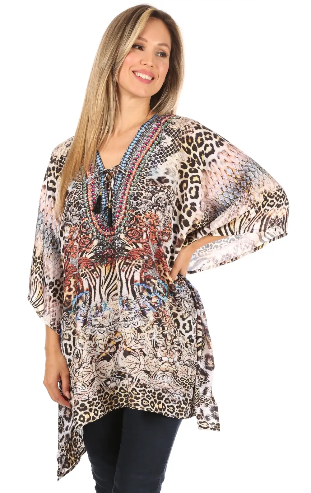 Women's Caftan Poncho Cover up V neck Top Lace up With Rhinestone