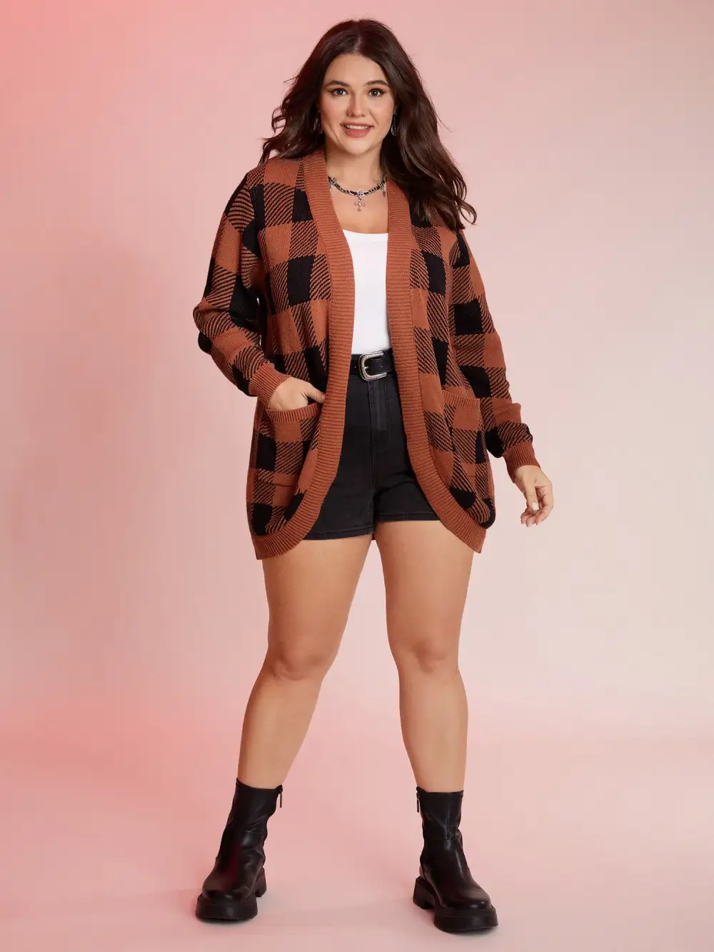 Supersoft Check Pattern Curvy Hem Pockets Cardigan