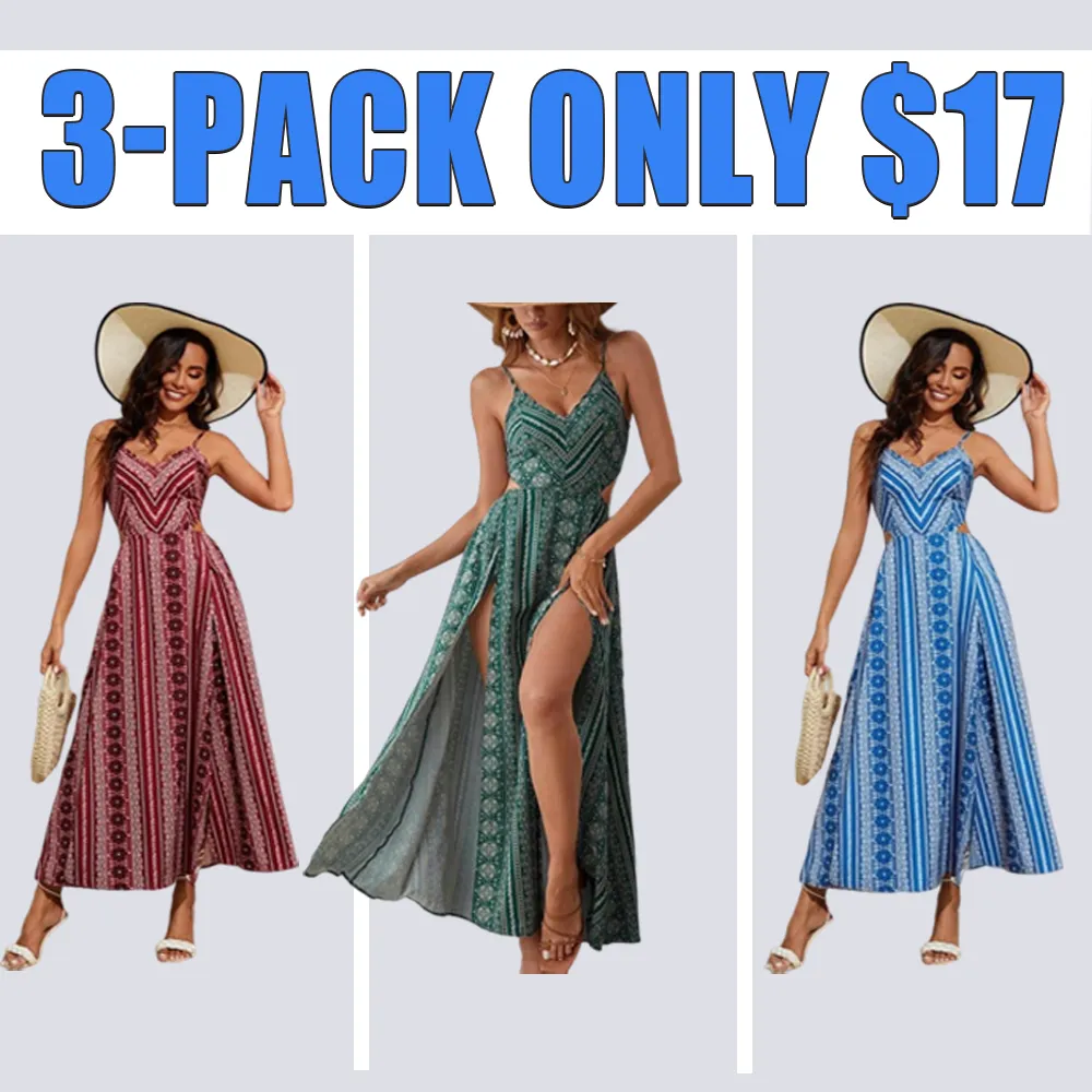 Women's Boho Paisley Cut-Out Cami Dress – Deep V, Shirred Waist, Split Thigh