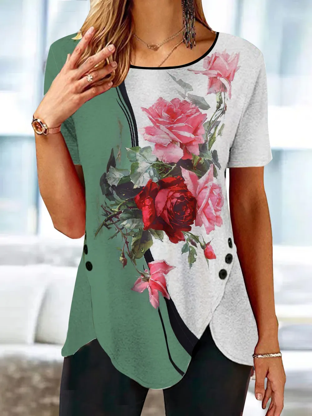 Crew Neck Floral Casual Color Block Irregular Hem Knitted T-shirt Tunic Top