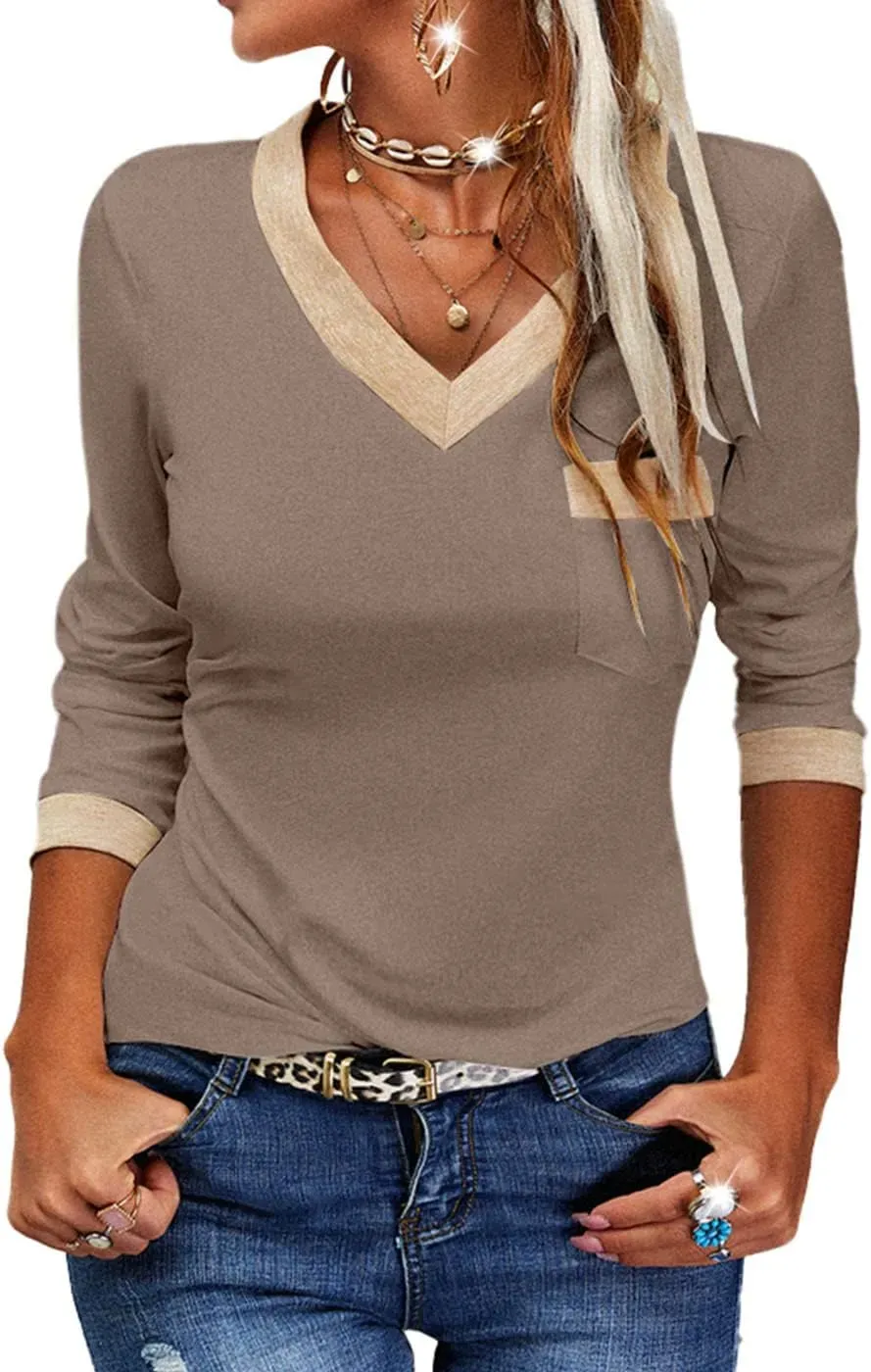 ✨Womens Long Sleeve T Shirts Casual V Neck Color Block Tunic Tops