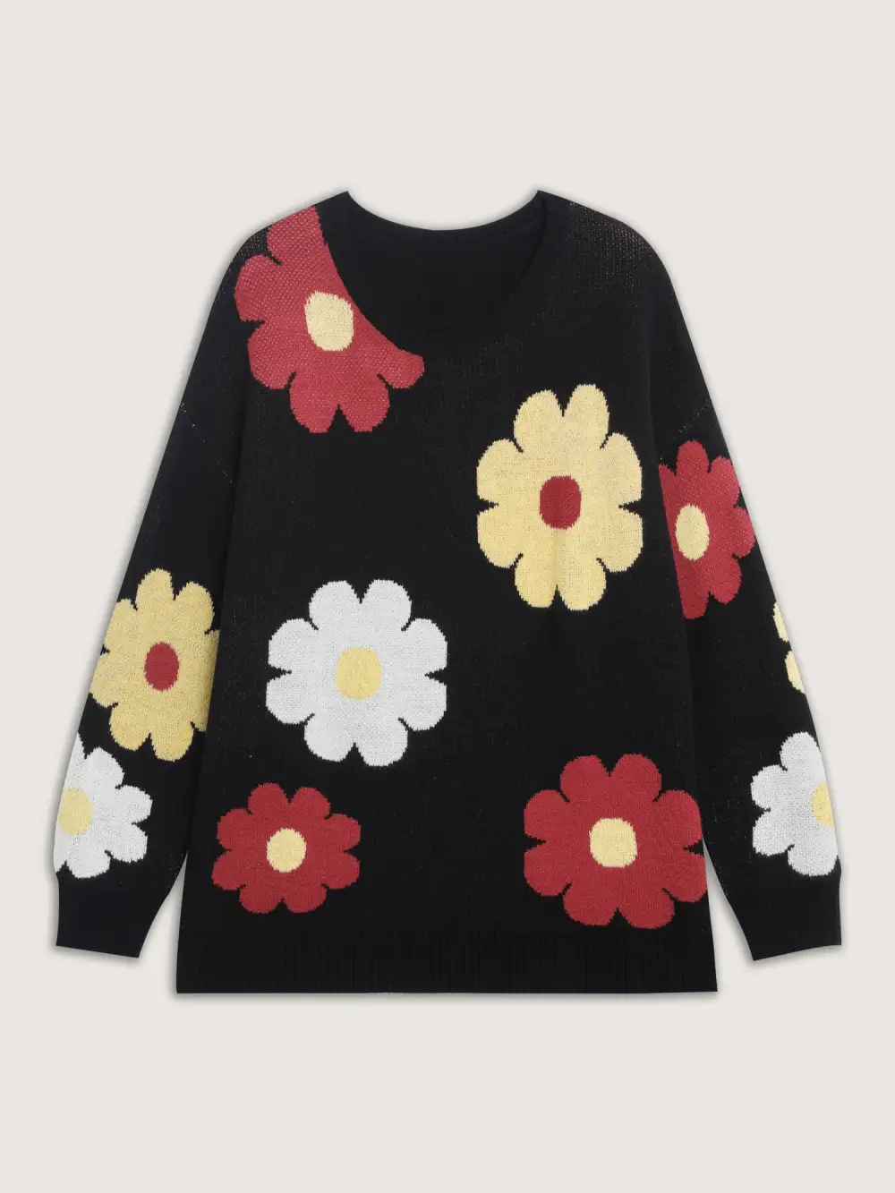 Flower Pattern Jacquard Crew Neck Pullover