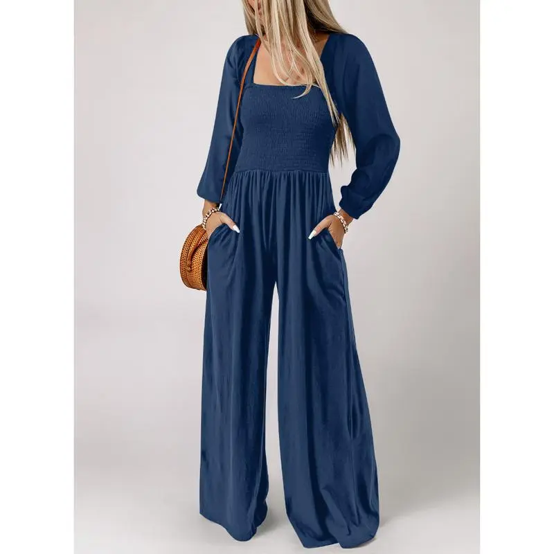 Women's Casual Loose Long Sleeve Wide Leg Jumpsuit with Pockets