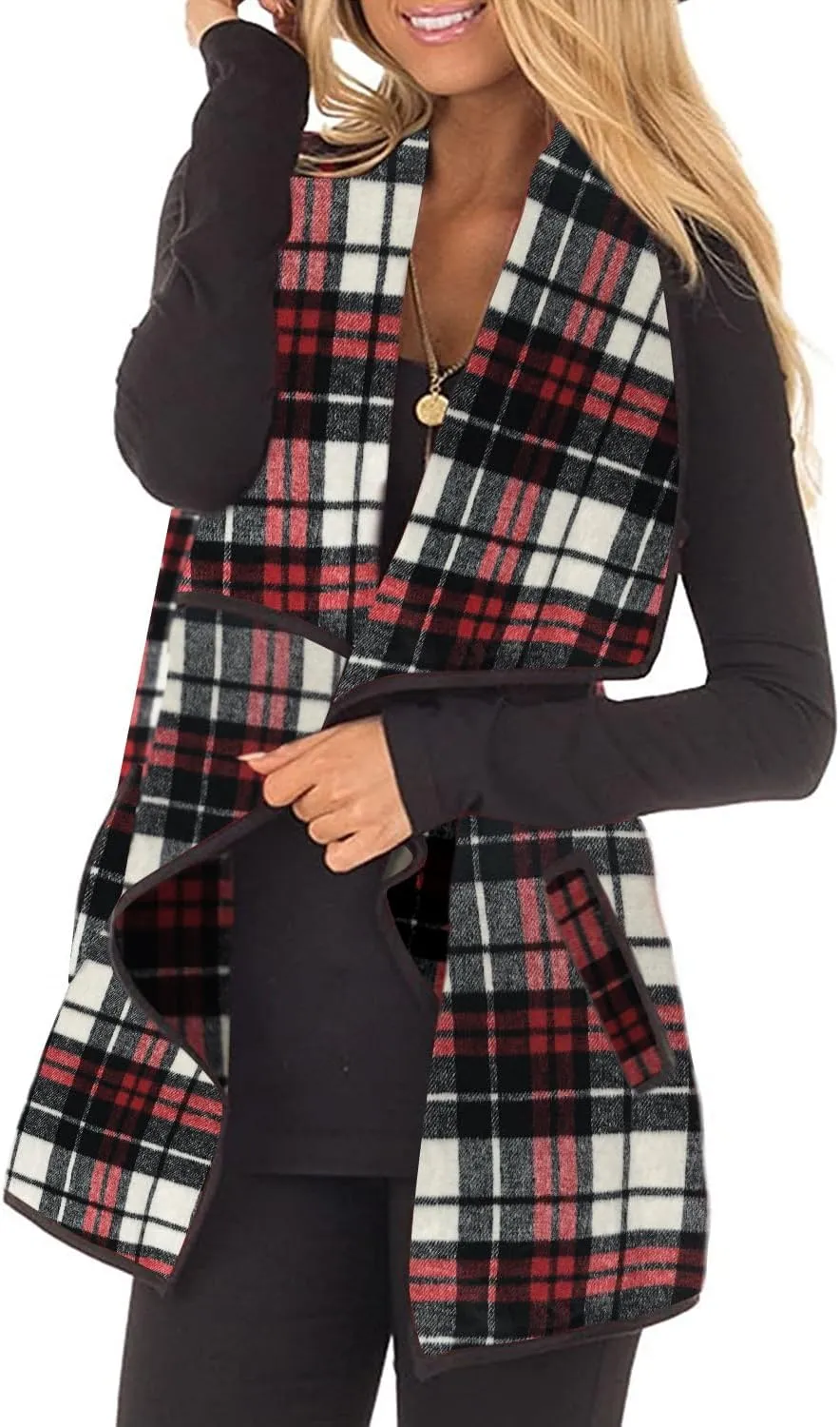 Womens Buffalo Plaid Vest Casual Lapel Open Front Sleeveless Cardigan Jacket Coat with Pockets