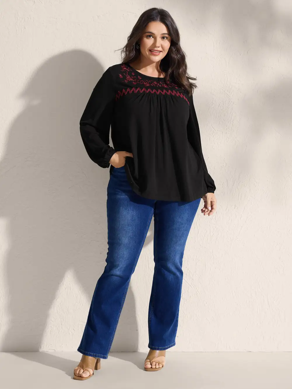 Floral Embroidery Neckline Shirred Knit Top