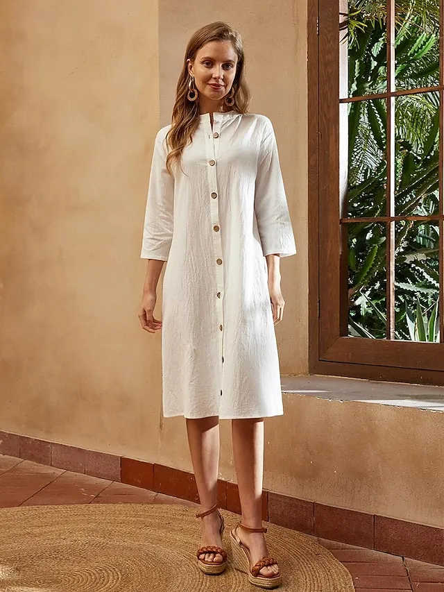 Women's Cotton Linen button down Sundress Midi Dress 3/4 Sleeve Casual Loose Fit Summer Beach Black White Green