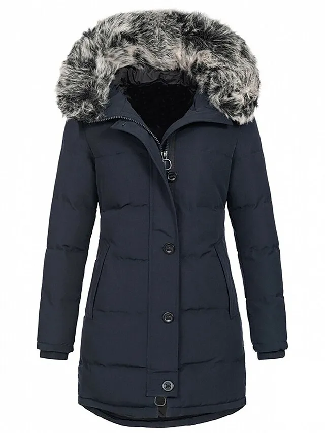 Women's Parka Puffer Jacket Winter Coat Zip up Hooded Coat with Fur Collar Thermal Warm Heated Coat Fall Outerwear with Pockets Classic Long Sleeve Black White