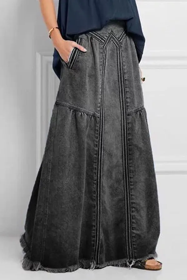 Solid Pocket Design Fringed Denim Skirt