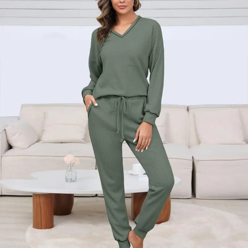 Women's Waffle Knit Lounge Set – Long Sleeve Pullover & Jogger Sweatpants