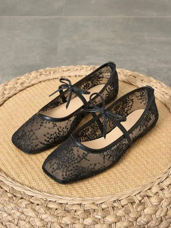Women's Elegant Lace Mesh Ballet Flats – Square Toe, Lightweight & Breathable