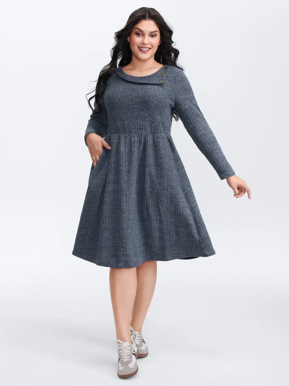 Waffle Velvety Feel Asymmetrical Neck Midi Dress