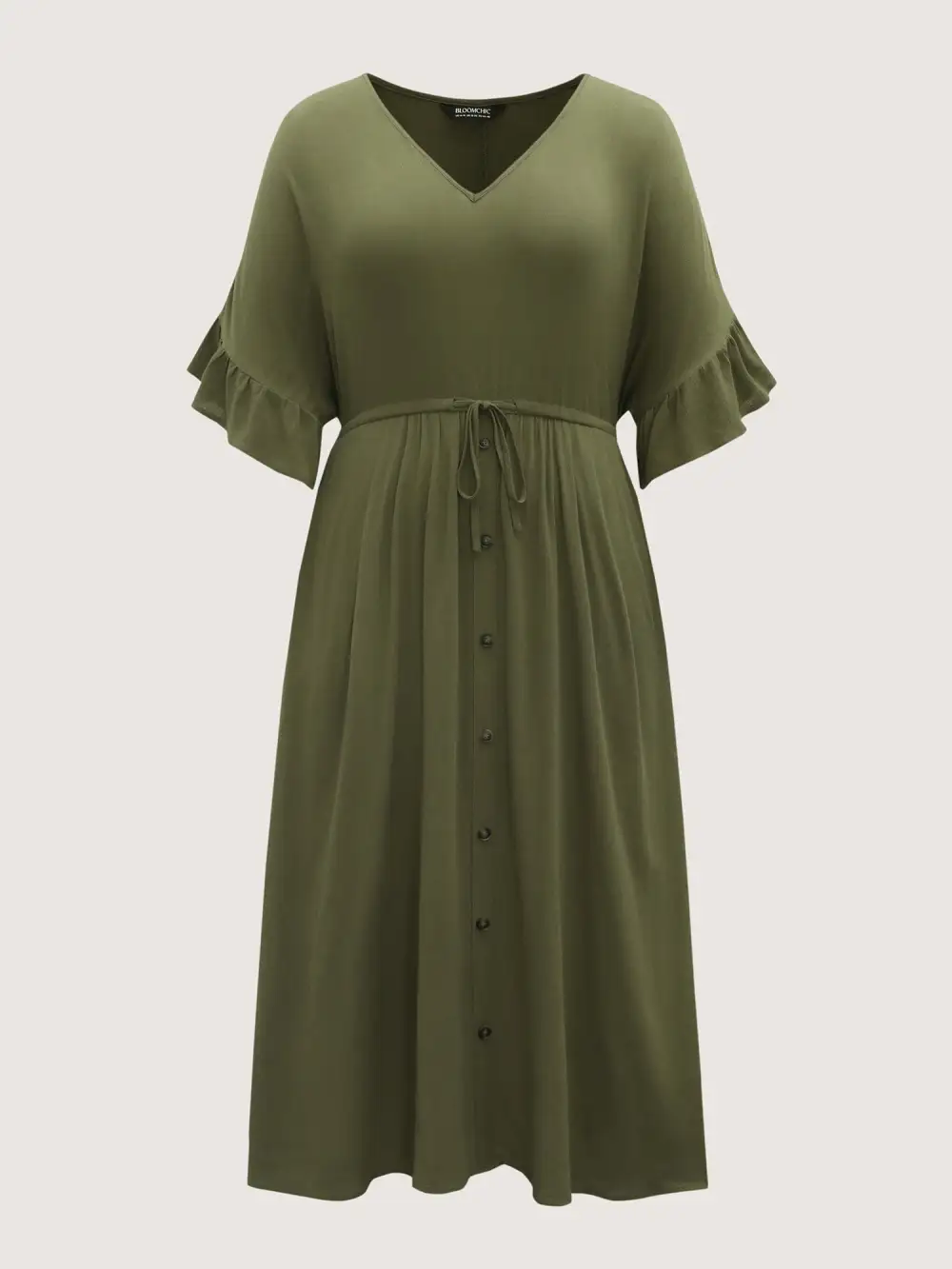 Waist-Defining Tie Ruffled Sleeve Midi Dress