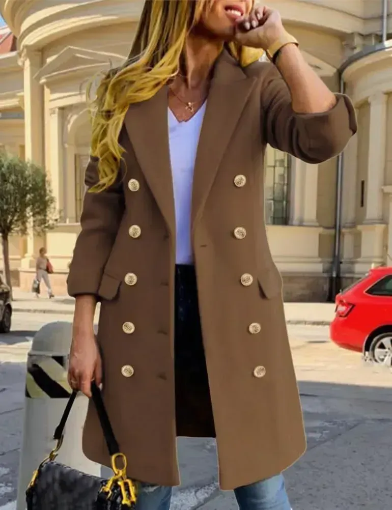 Womens Fall Winter Wool Coats Double Breasted Midi Peacoat Trench Coats