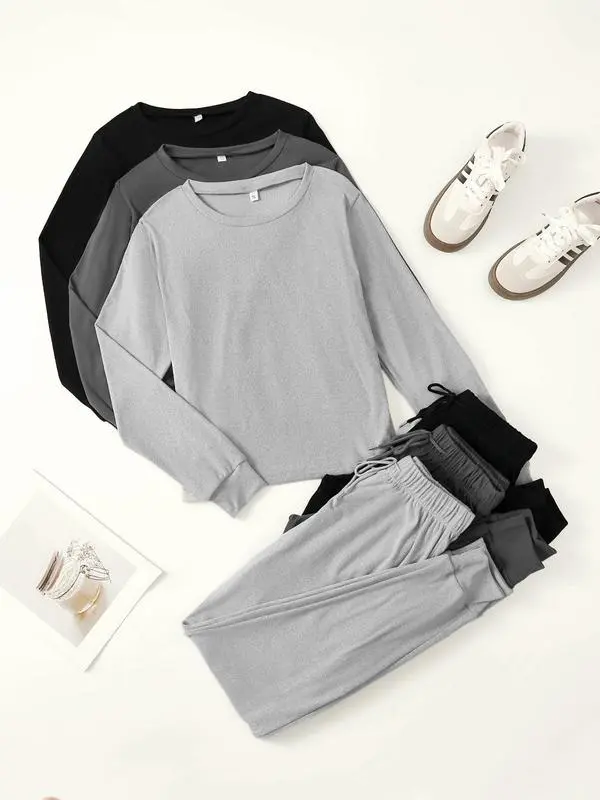 Women's lounge/pajama set: solid long-sleeve round-neck tee + tie-front elastic-waist pants, casual and comfy