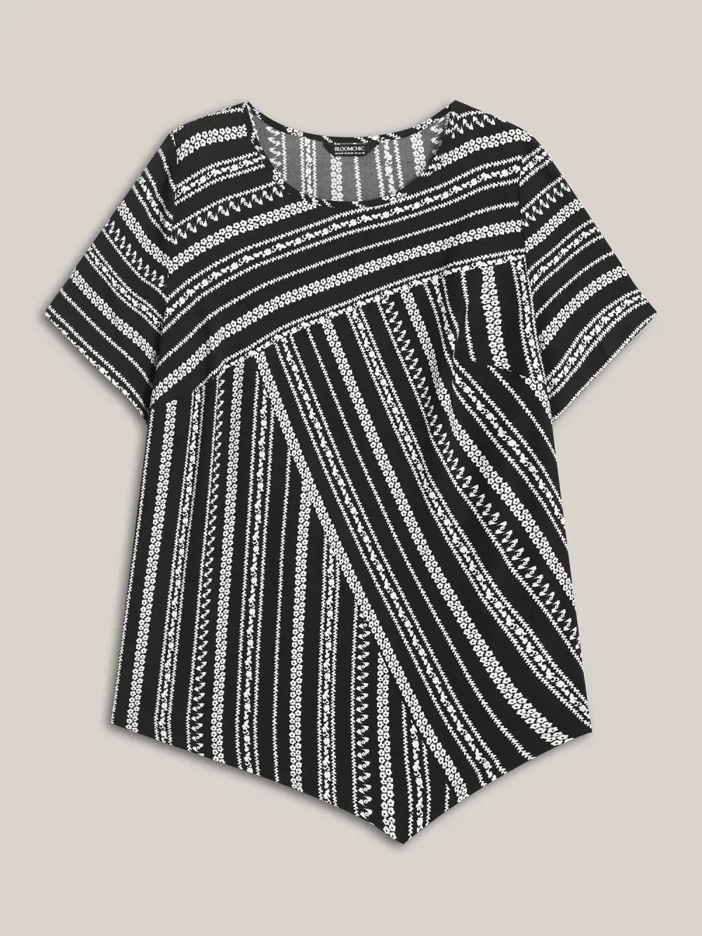 Striped Overlap Print Curvy Hem Blouse