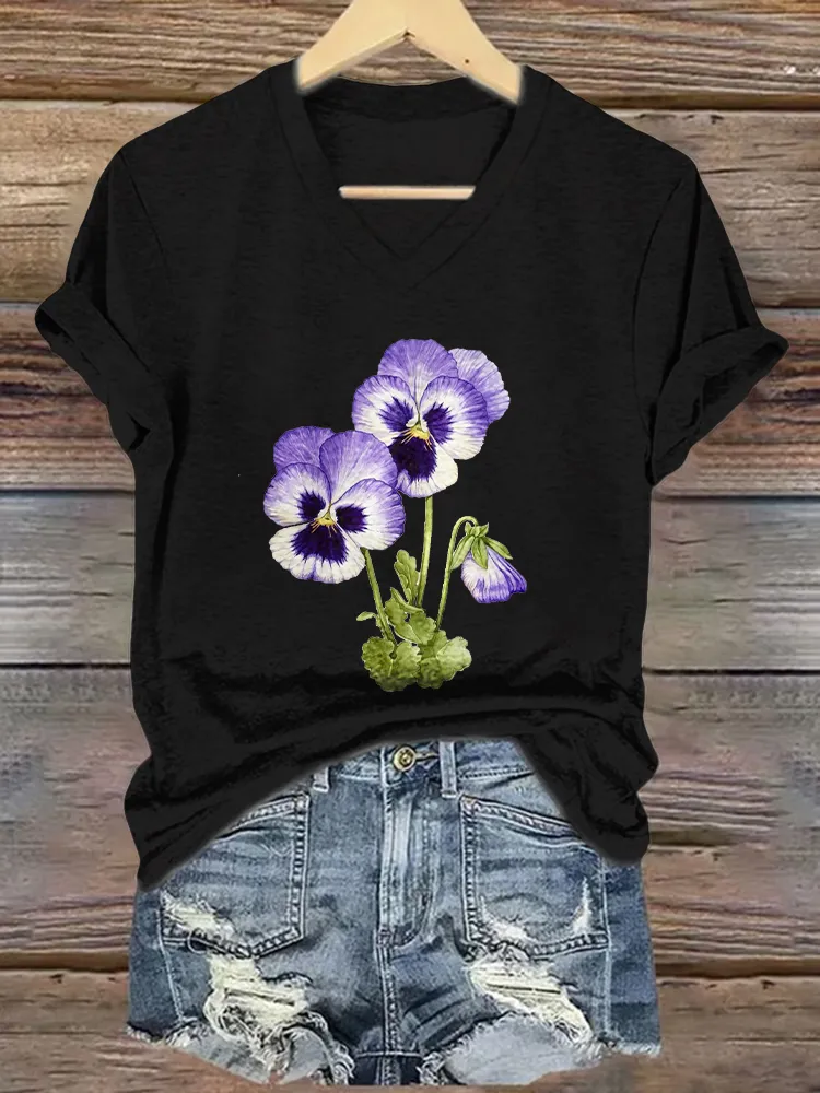 Women'S Floral Printed Alzheimer'S Awareness Short-Sleeved T-Shirt