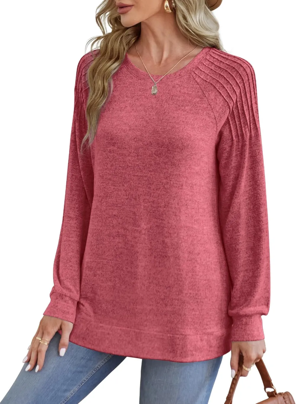 Sweatshirt for Women Crewneck Pleated Long Sleeve Shirts Tunic Tops Fashion 2024