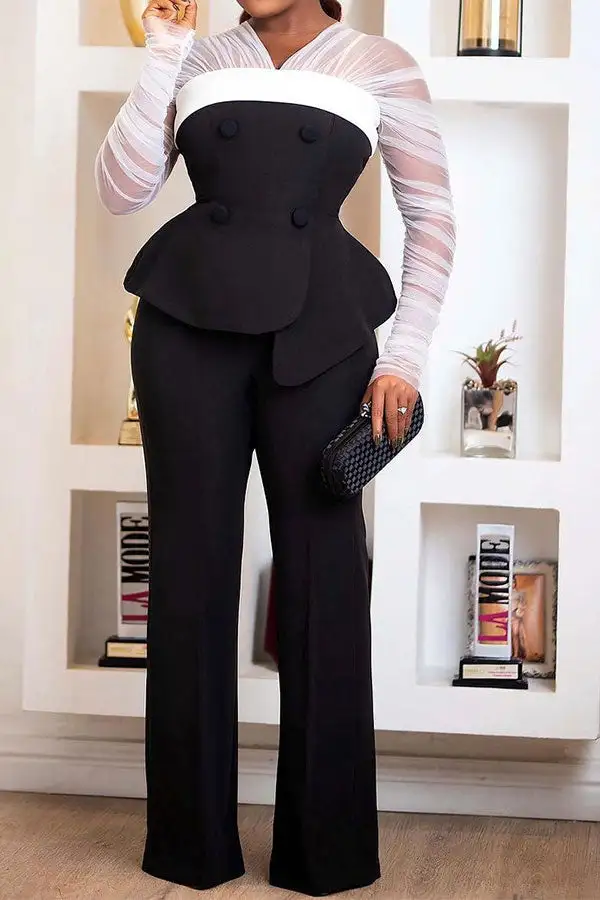 Colorblock Sheer Mesh Patchwork Peplum Pant Set