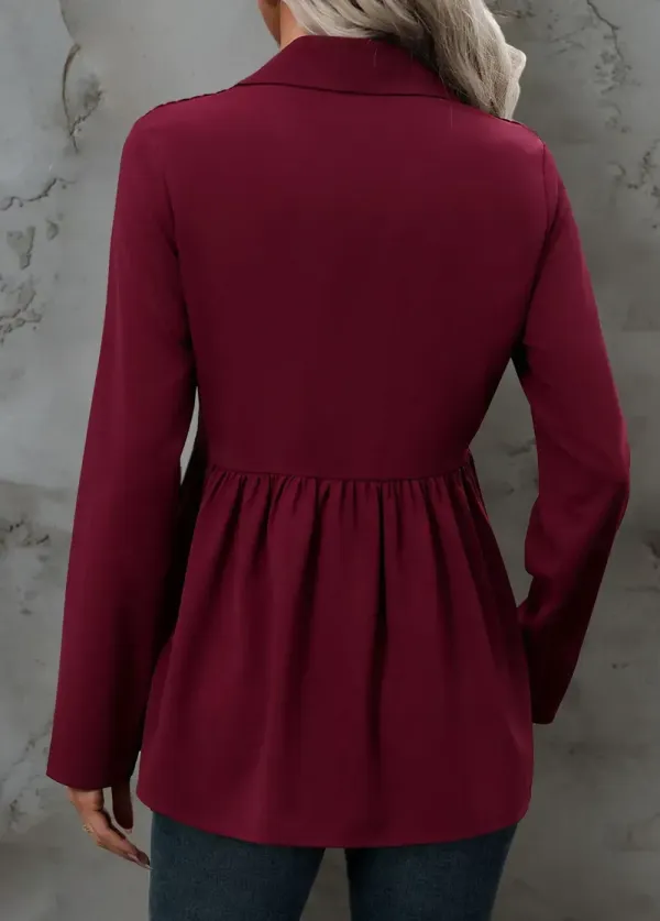 Dark Reddish Purple Velvet Long Sleeve Shirt Collar Blouse