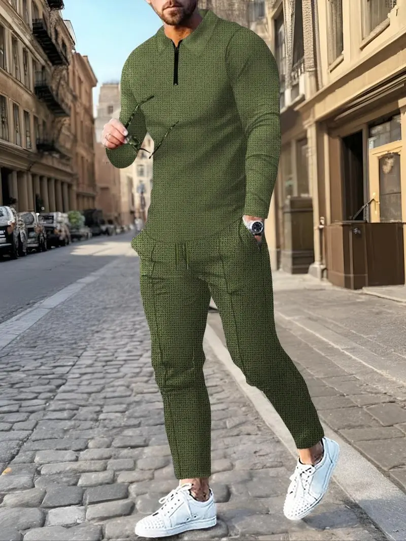 Men's Solid Textured Long Sleeve Polo Shirt & Drawstring Waist Pants Set