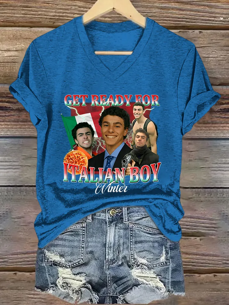 Women's Get Ready For Italian Boy Short Sleeves V-Neck Pure Cotton T-Shirt