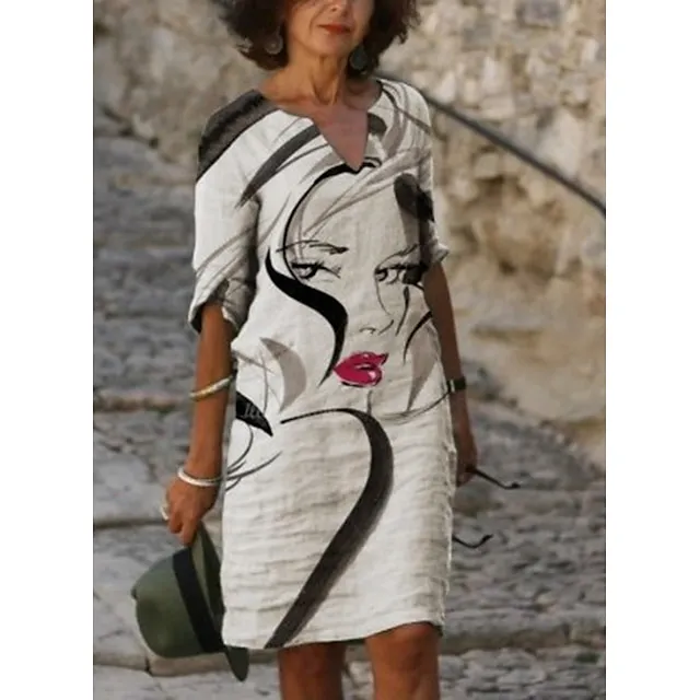 Women‘s Casual Dress Midi Dress Leopard Black White Half Sleeve Floral Print