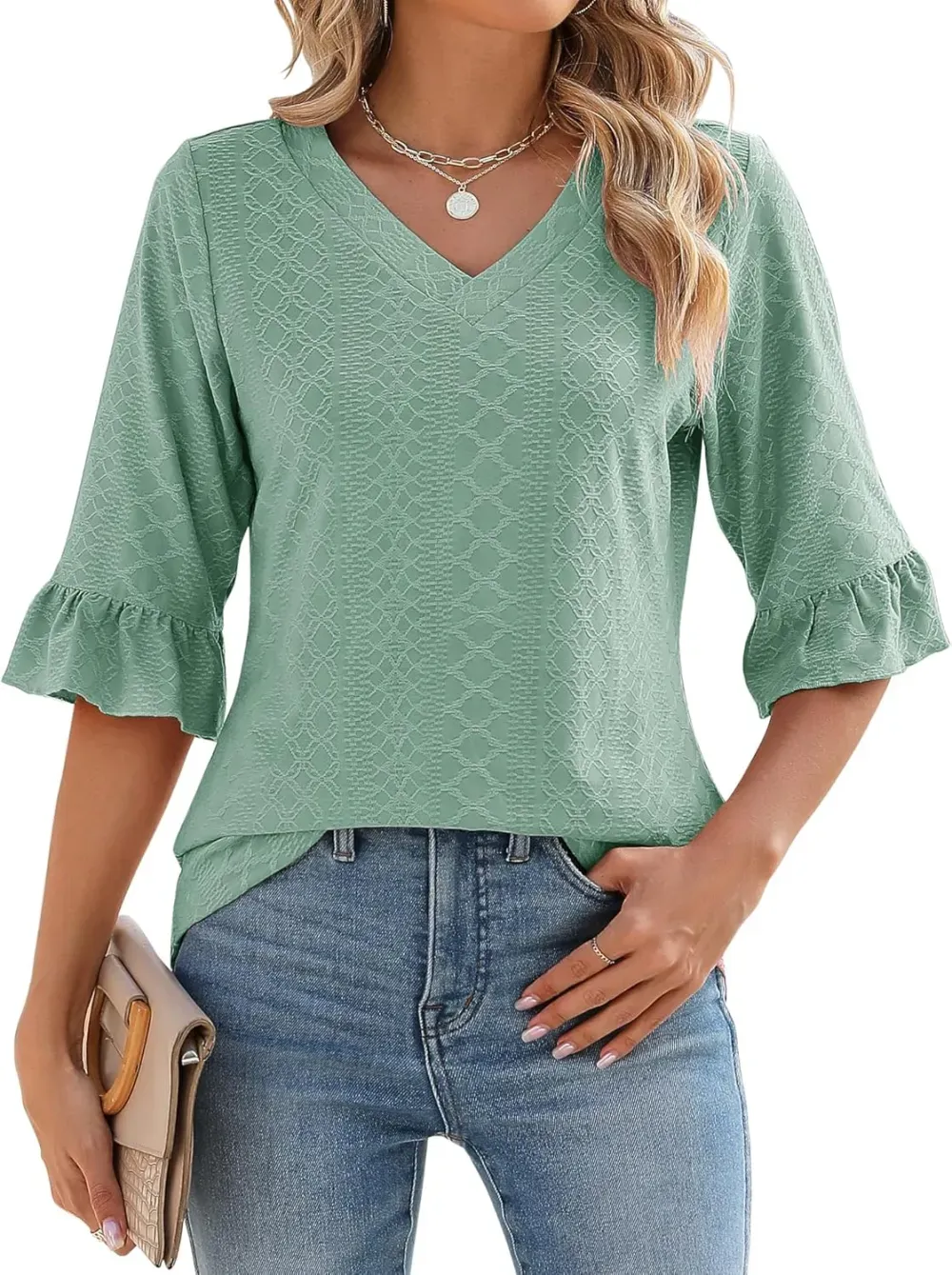 ✨Womens 3/4 Length Sleeve V-Neck Eyelet Casual Ruffle Sleeve Tunic Blouses