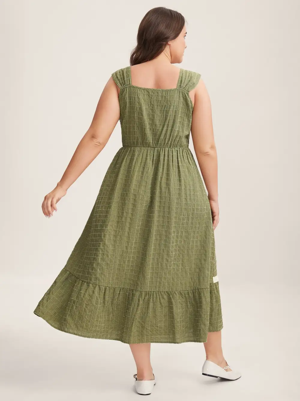 Plaid Shirred Lace Trim Tiered Maxi Dress