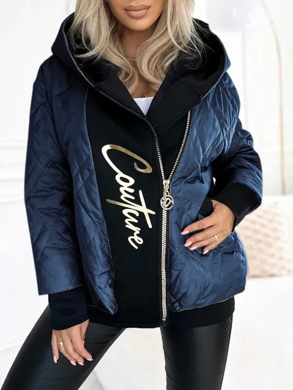 Women's Hooded Zipper Stitching Contrast Color Letter Print Casual Coat
